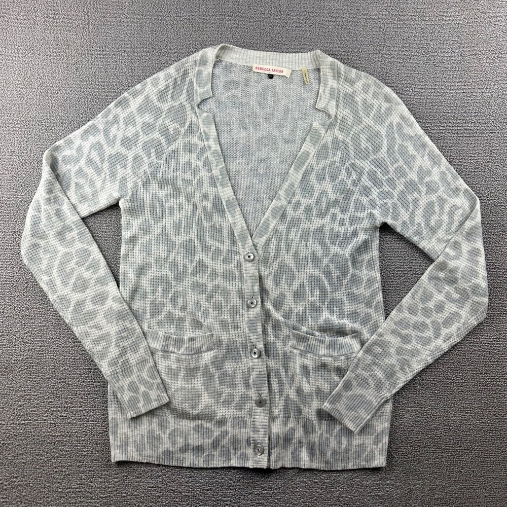 Rebecca Taylor Cardigan M Women M Gray Animal Print Waffle Knit Spring Travel